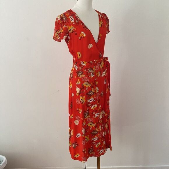 Free People Orange Red Floral Jess Wrap Midi Dress Size XS - Picture 5 of 12